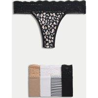 5pk Cotton & Lace Printed Thongs