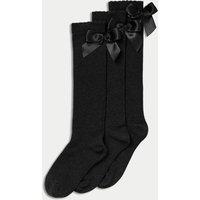 M&S 3p Cotton Rich Picot Knee High Bow Socks (6-8 Small - 4-7 Large) Black