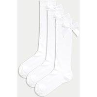M&S 3p Cotton Rich Picot Knee High Bow Socks (6-8 Small - 4-7 Large) White