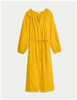 M&S Linen Rich Broderie V-Neck Belted Midi Shift Dress Bright Saffron