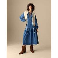 Denim V-Neck Midi Tiered Waisted Dress