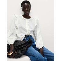 Pure Cotton Collared Ruffle Blouson Sleeve Blouse