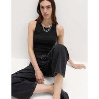 M&S Cotton Rich Ribbed Scoop Neck Bra Vest Top Black