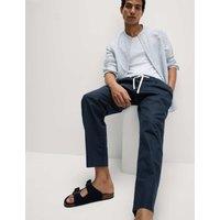 M&S Tapered Fit Cotton Linen Blend Elasticated Trousers Dark Navy