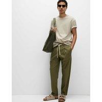 M&S Tapered Fit Cotton Linen Blend Elasticated Trousers Khaki