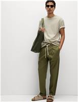 Tapered Fit Cotton Linen Blend Elasticated Trousers