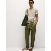 M&S Tapered Fit Cotton Linen Blend Elasticated Trousers Khaki