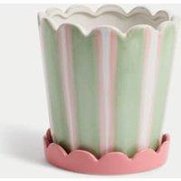 Scalloped Striped Ceramic Planter with Tray