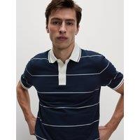 M&S Pure Cotton Pique Striped Polo Shirt Dark Navy