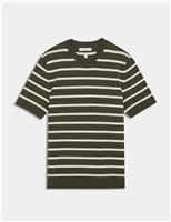 M&S Cotton Rich Striped Knitted T-Shirt Khaki Mix
