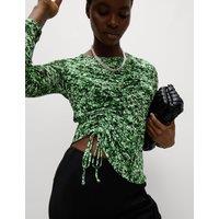 Long Sleeve Printed Ruched Mesh Top