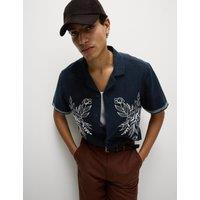 Cotton Linen Blend Short Sleeve Embroidered Shirt