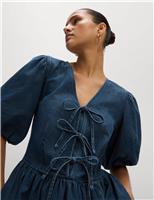 Denim V-Neck Tie Detail Midi Waisted Dress