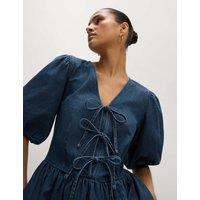 Denim V-Neck Tie Detail Midi Waisted Dress