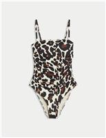 M&S Tummy Control Printed Padded Bandeau Swimsuit Brown Mix