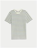 M&S Cotton Rich Striped Textured T-Shirt Light Airforce