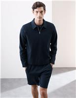 Cotton Rich Waffle Half Zip Long Sleeve Top