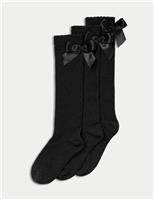 M&S 3p Cotton Rich Picot Knee High Bow Socks (6-8 Small - 4-7 Large) Grey Mix