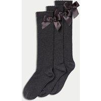 M&S 3p Cotton Rich Picot Knee High Bow Socks (6-8 Small - 4-7 Large) Grey Mix