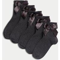 M&S 5 Pack Cotton Rich Ankle Bow Socks (6 Small-7 Large) Grey Mix