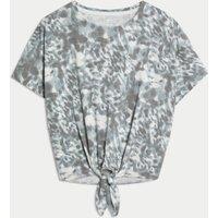 Cotton Blend Printed Tie Front Crop T-Shirt