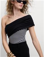 Cotton Rich Striped Ribbed One Shoulder Top