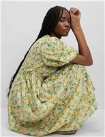 Printed Shirred Midi Waisted Dress