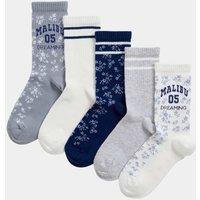 5pk Cotton Rich Ribbed Malibu Socks (6 Small - 7 Large)
