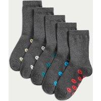 M&S 5 Pack Cotton Rich Happy Faces School Socks (6 Small-7 Large) Grey