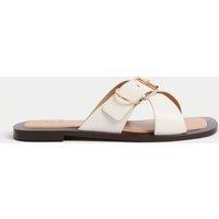 Leather Buckle Flat Square Toe Mules