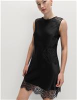 Round Neck Lace Insert Mini Shift Dress
