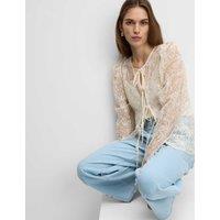 Lace Round Neck Tie Front Blouse