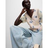 Organza Floral V-Neck Puff Sleeve Blouse
