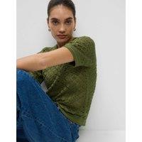 Pointelle Textured Crew Neck Knitted Top