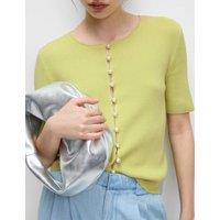 Textured Crew Neck Pearl Look Button Cropped Knitted Top