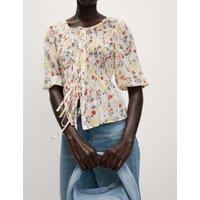 Printed Shirred Tie Detail Puff Sleeve Blouse