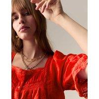Cotton Rich Square Neck Lace Detail Puff Sleeve Blouse