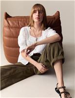 Cotton Rich Square Neck Lace Detail Puff Sleeve Blouse