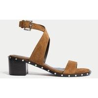 Suede Studded Ankle Strap Block Heel Sandals