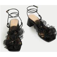 Organza Flower Corsage Block Heel Sandals