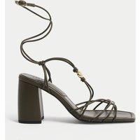 Beaded Trim Buckle Strappy Block Heel Sandals