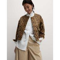 Denim Leopard Print Collarless Jacket