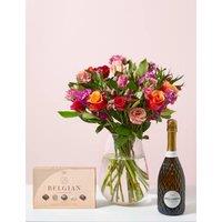 Roses, Lisianthus & Stock Bright Bouquet With Belgian Classics & Prosecco
