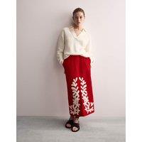 Pure Linen Embroidered Midi Column Skirt