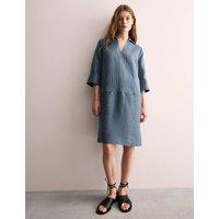 Pure Linen Striped Knee Length Shirt Dress
