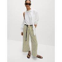 M&S Linen Rich Wide Leg Cropped Trousers Green Mix