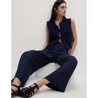 M&S Linen Rich Wide Leg Cropped Trousers Navy