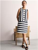 JAEGER Pure Linen Striped Knee Length Shift Dress Navy/White