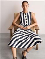 JAEGER Pure Linen Striped Midi A-Line Skirt Navy/White