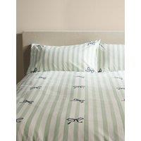 M&S Pure Cotton Embroidered Bow Striped Bedding Set Green Mix